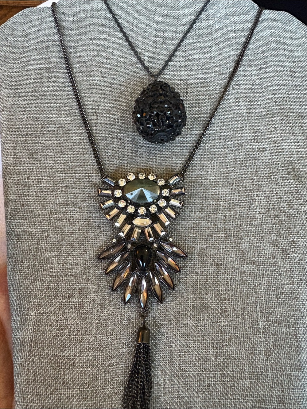 TWO Black Statement Necklaces Crystal Teardrop Briolette & Art Deco Crystal Fan